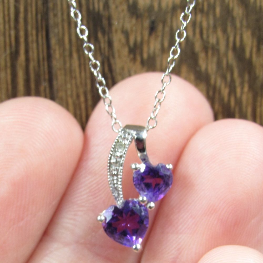 18" Sterling Heart Amethyst & Diamond Necklace